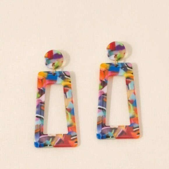 New Boutique Rainbow Multicolor Retro Style Geo Statement Pair Of Earrings Boho‎ - Picture 3 of 4